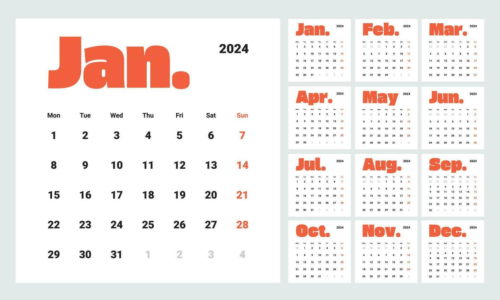 minimalista estilo mensual calendario modelo para 2024 año. Inglés calendario. semana empieza en lunes. conjunto de 12 meses. 90s estilo diseño con grande letras, tipográfico elementos vector