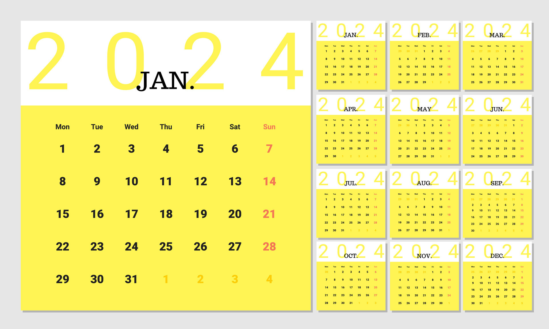 Minimalist style monthly calendar template for 2024 year english