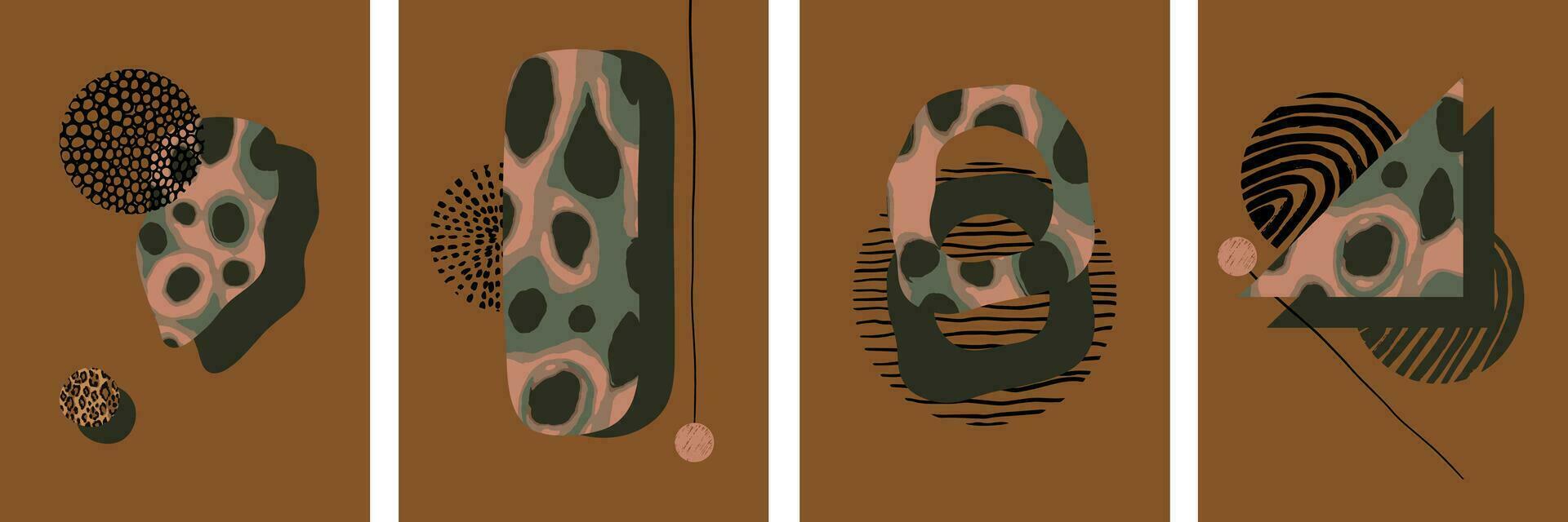 conjunto de resumen pared Arte con leopardo vistoso modelo y mano dibujado Escribiendo círculo. línea Arte elementos. minimalista geométrico ilustración con animal piel para póster, modelo en marrón antecedentes vector