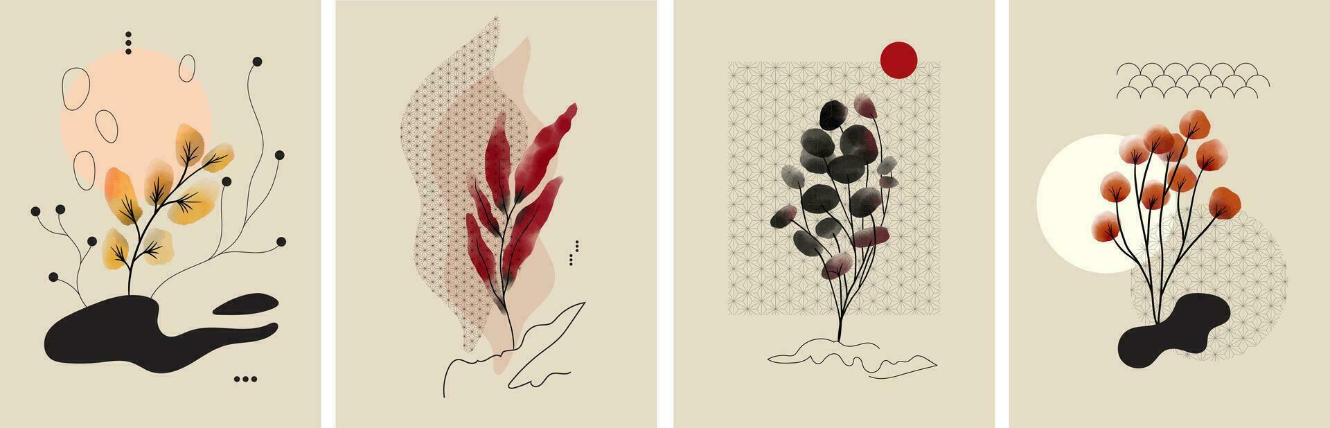 Set of abstract wall art with autumn plants. Branches, leaves. Line art elements, colorful stain. Japanese style botanical print with leaf for banner, cover, poster vector