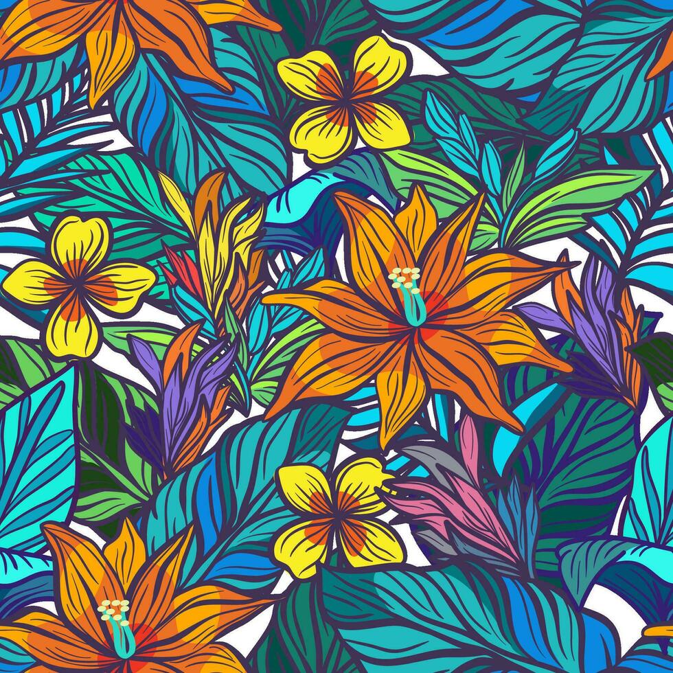 Seamless tropical pattern with flowers and leaves in doodle technique vector