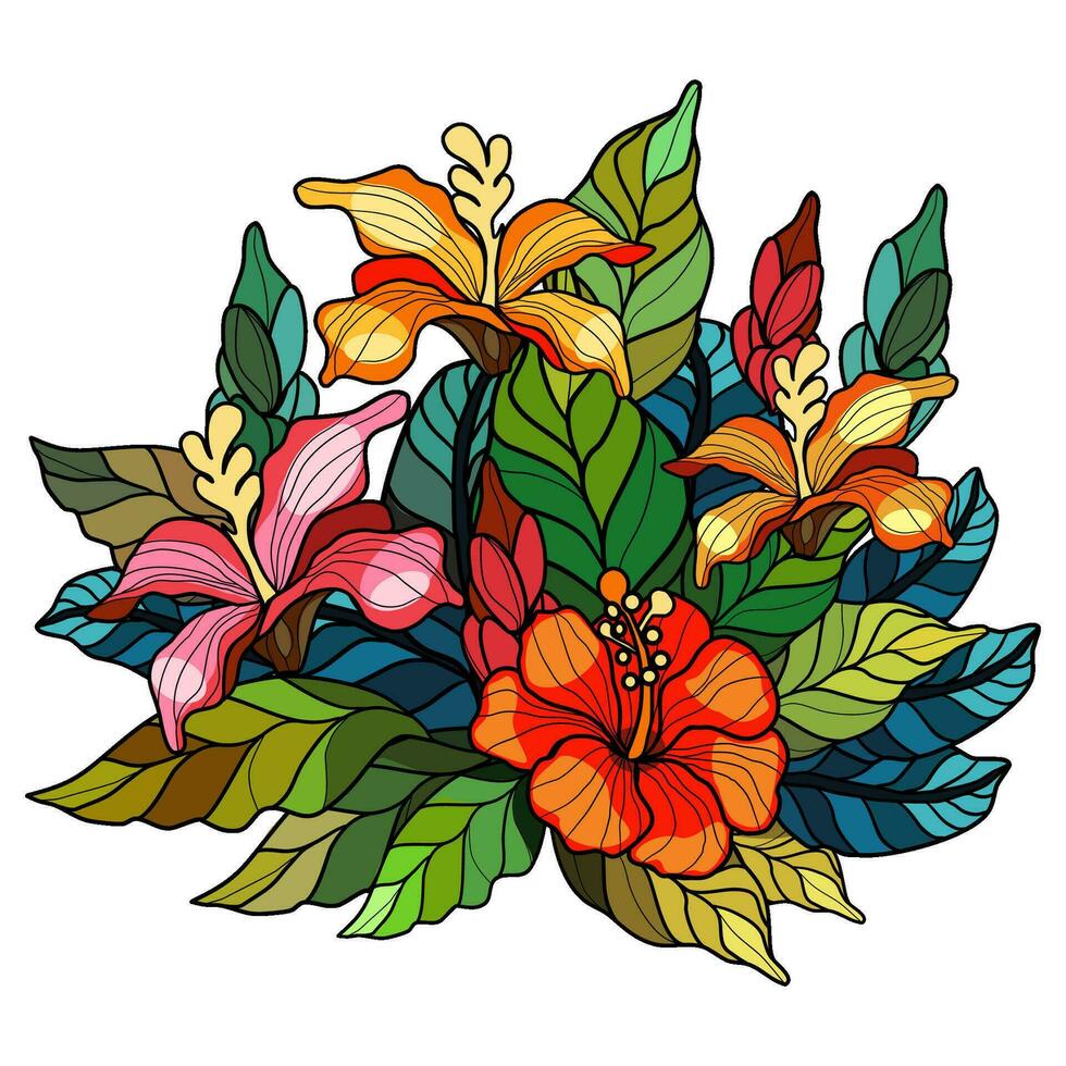 Hibiscus flowers and leaves in stained glass technique vector