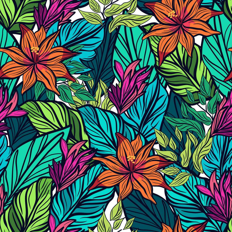 Seamless botanical pattern with tropical leaves and flowers vector