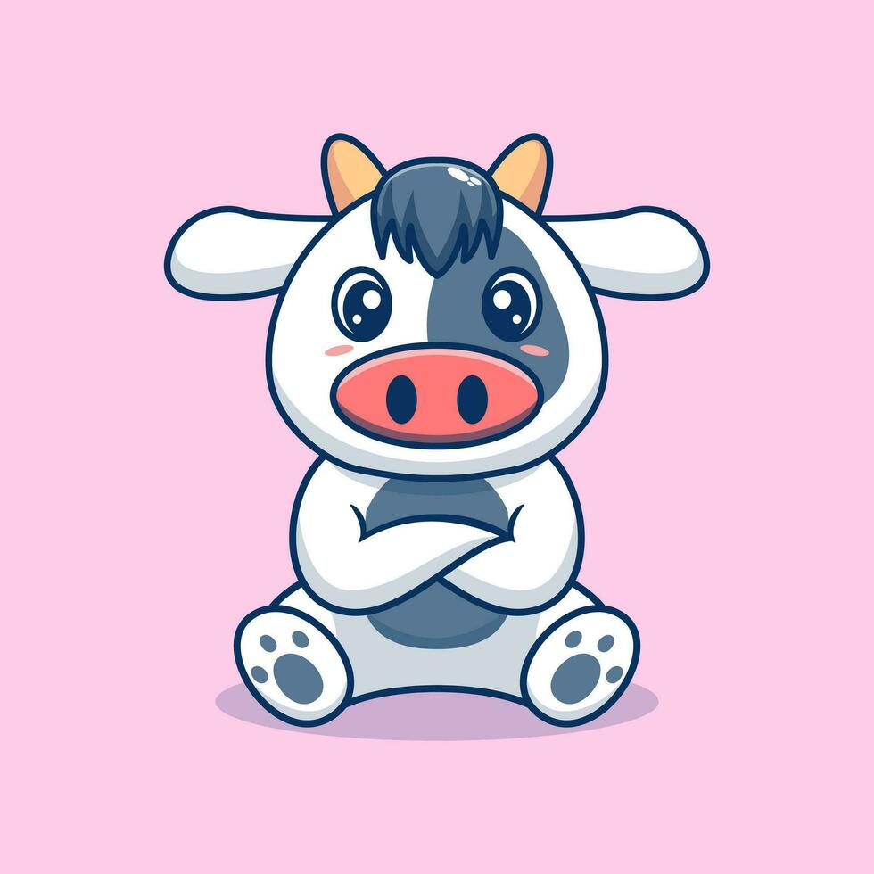 Vector cow sitting cute creative kawaii cartoon mascot logo