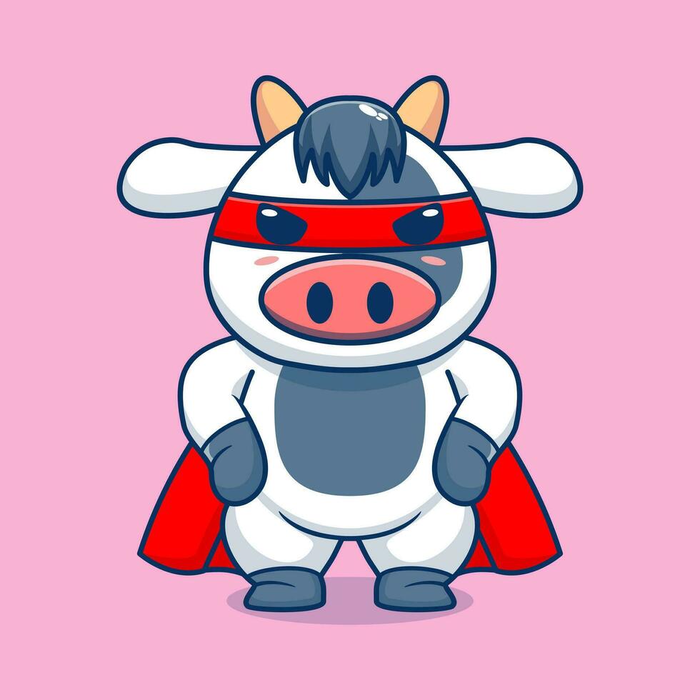 Vector cute cow super hero cartoon vector icon illustration