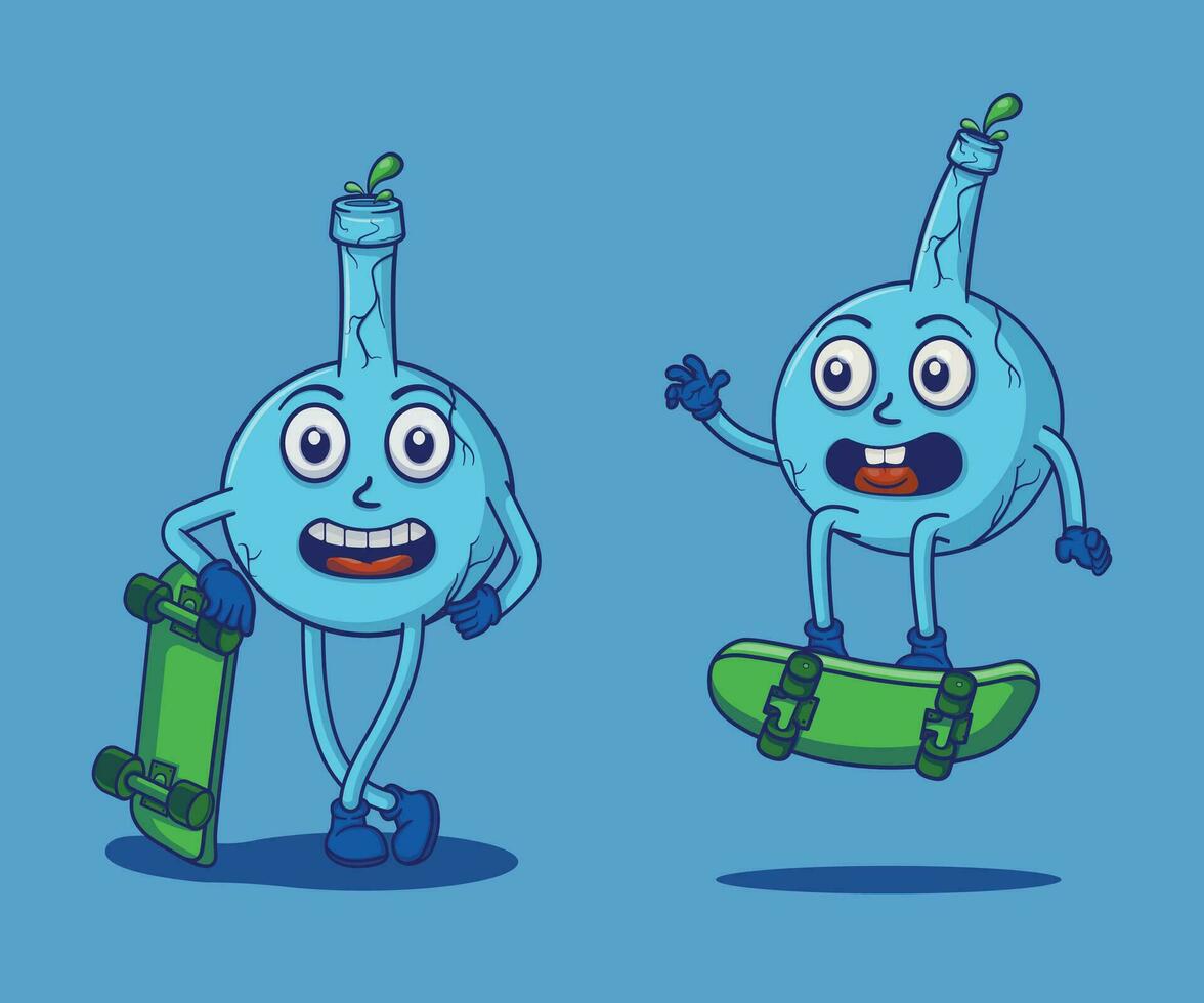 Vector skateboarding with potion bottle illustration of cute character set