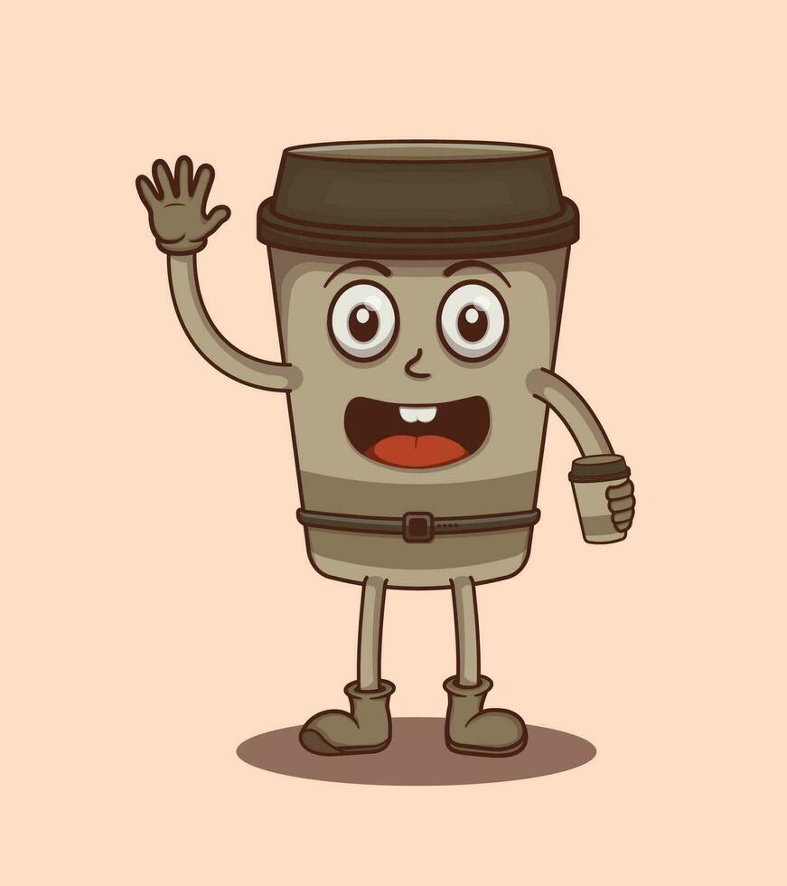 Vector waving and smiling with coffee cup illustration of cute character