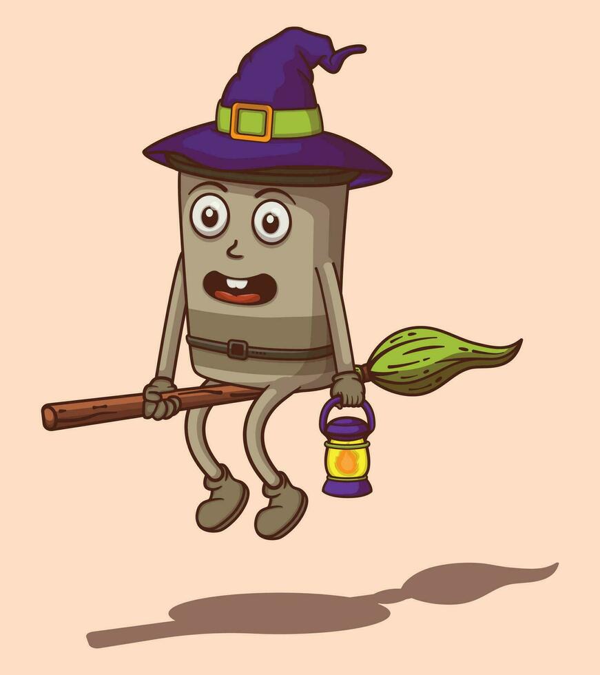 Vector fly on a witch's broom with coffee cup illustration of cute character