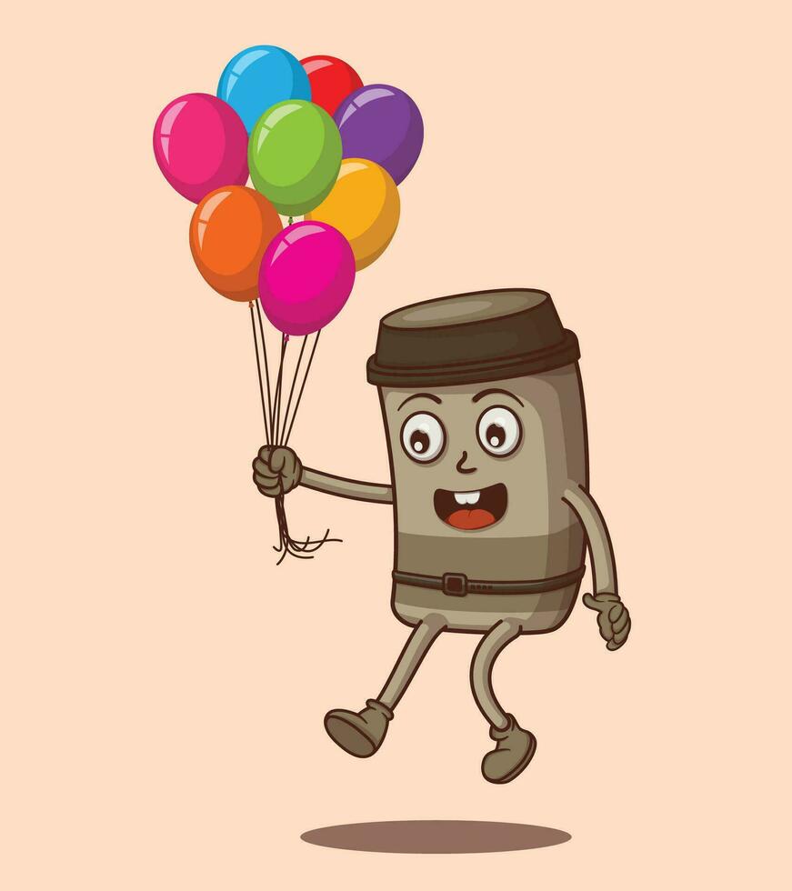 Vector fly with balloons with coffee cup illustration of cute character