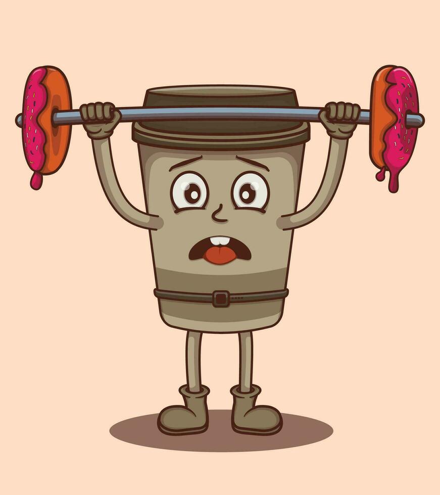 Vector Weight lifting with donuts with coffee cup illustration of cute character