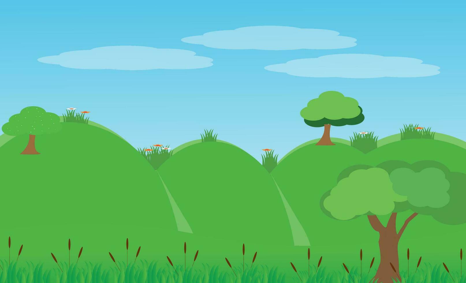 Vector landscape background, spring green hill, colorful flowers, green grass, colorful trees, blue sky.