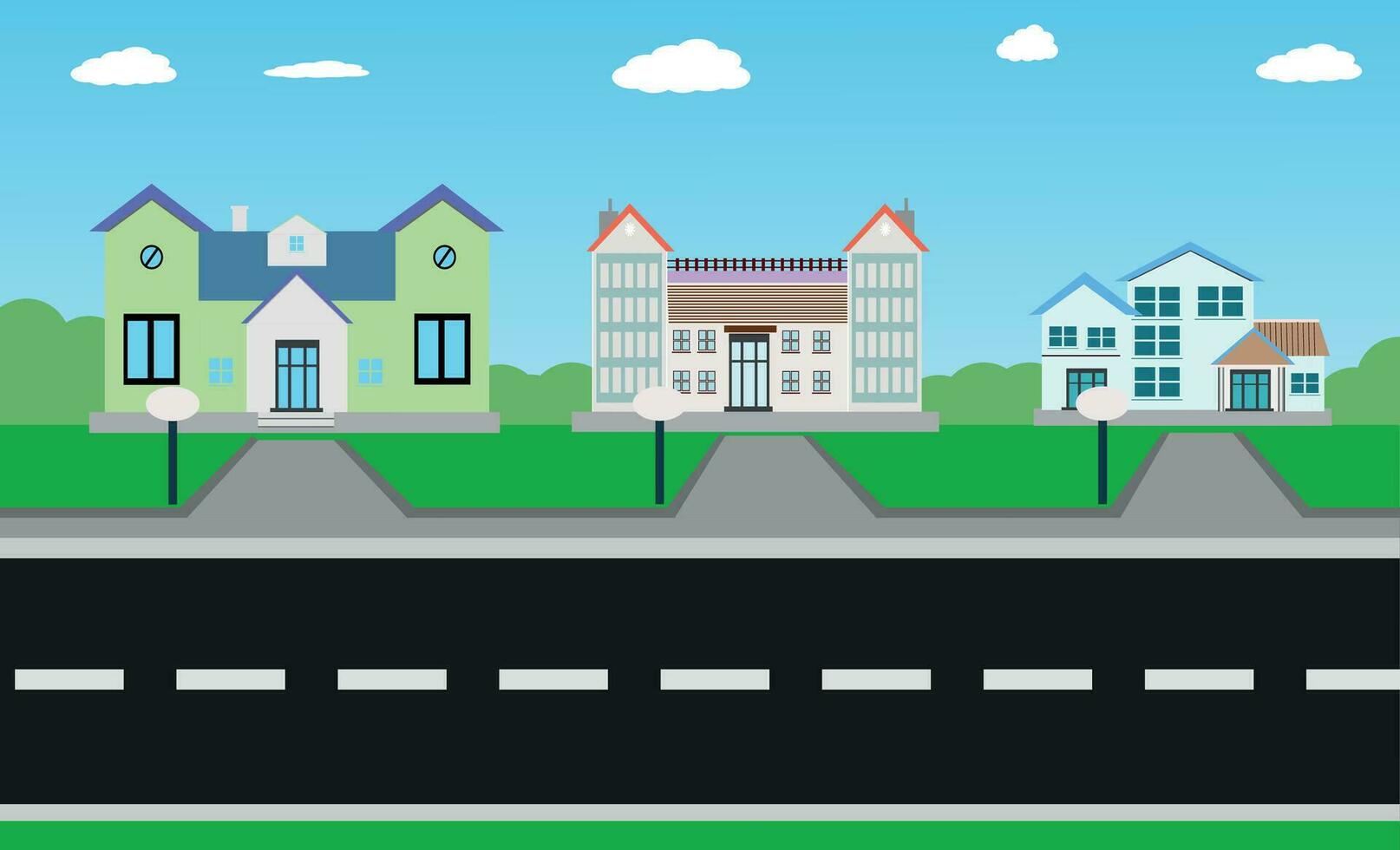 plano vector dibujos animados estilo ilustración urbano paisaje calle con carros, horizonte ciudad oficina edificios, familia casas en pequeño pueblo y montaña con verde arboles en fondo, casa en el ciudad.