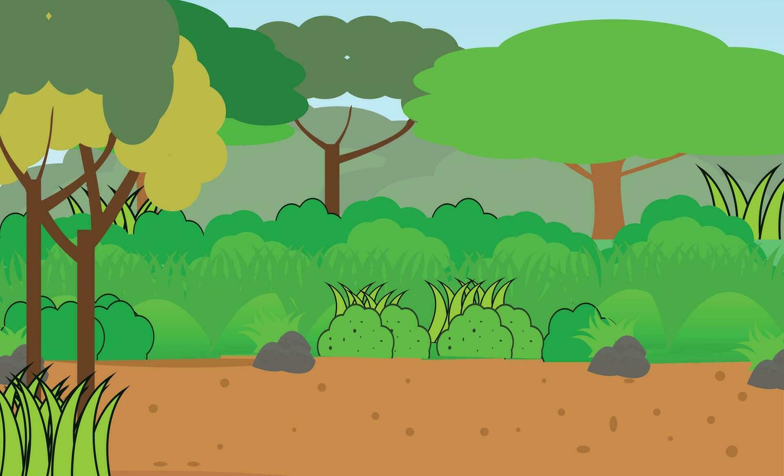 vector ilustración paisaje antecedentes con bosque escena con muchos arboles ilustración, azul cielo y verde jardín, sencillo dibujos animados estilo.