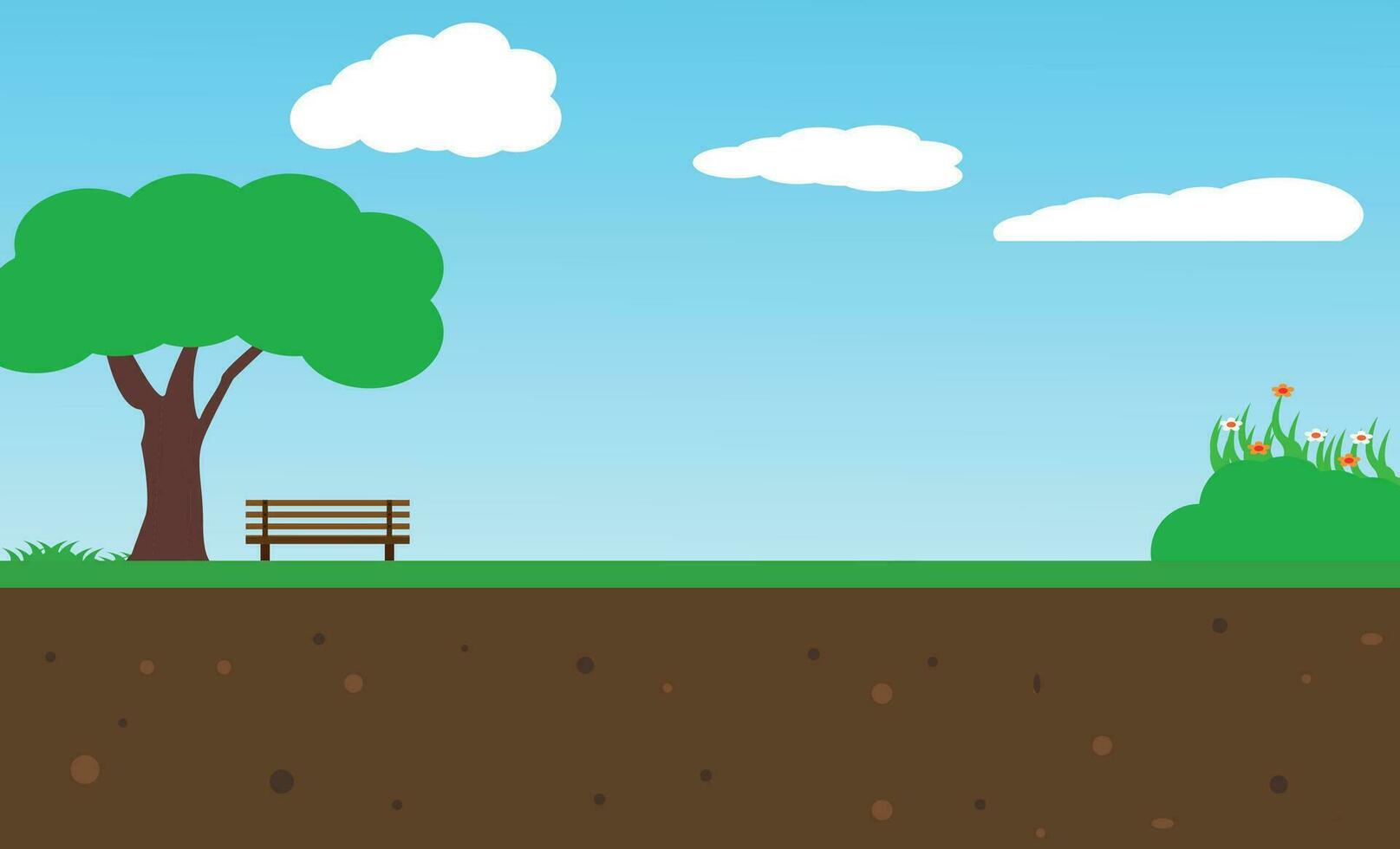 Nature landscape vector illustration with cartoon style. bench Beautiful spring landscape cartoon with green grass and blue sky.