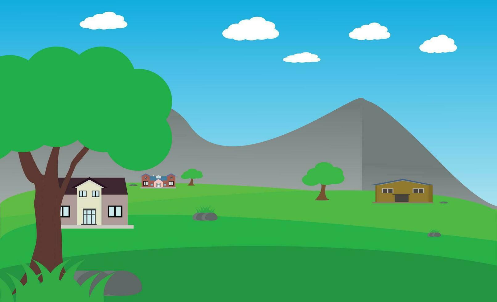 A beautiful village with farmlands, trees, meadows and with mountains in the landscape  background vector