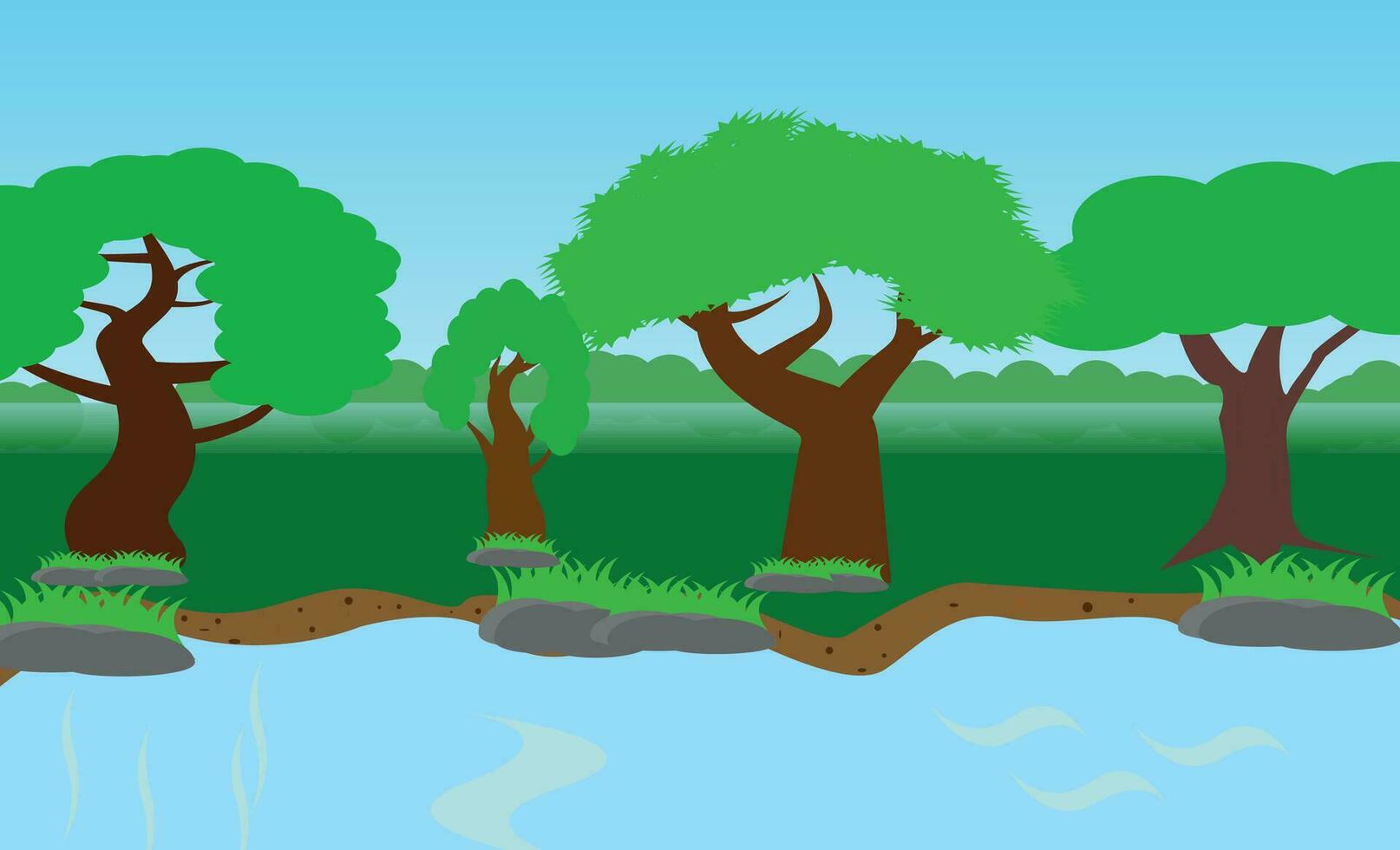 Vector illustration of a sunny forest, mountains and a river. Cartoon style wallpaper, flyer, banner or landing page. Camping place in the wood near the water, tree and the park.