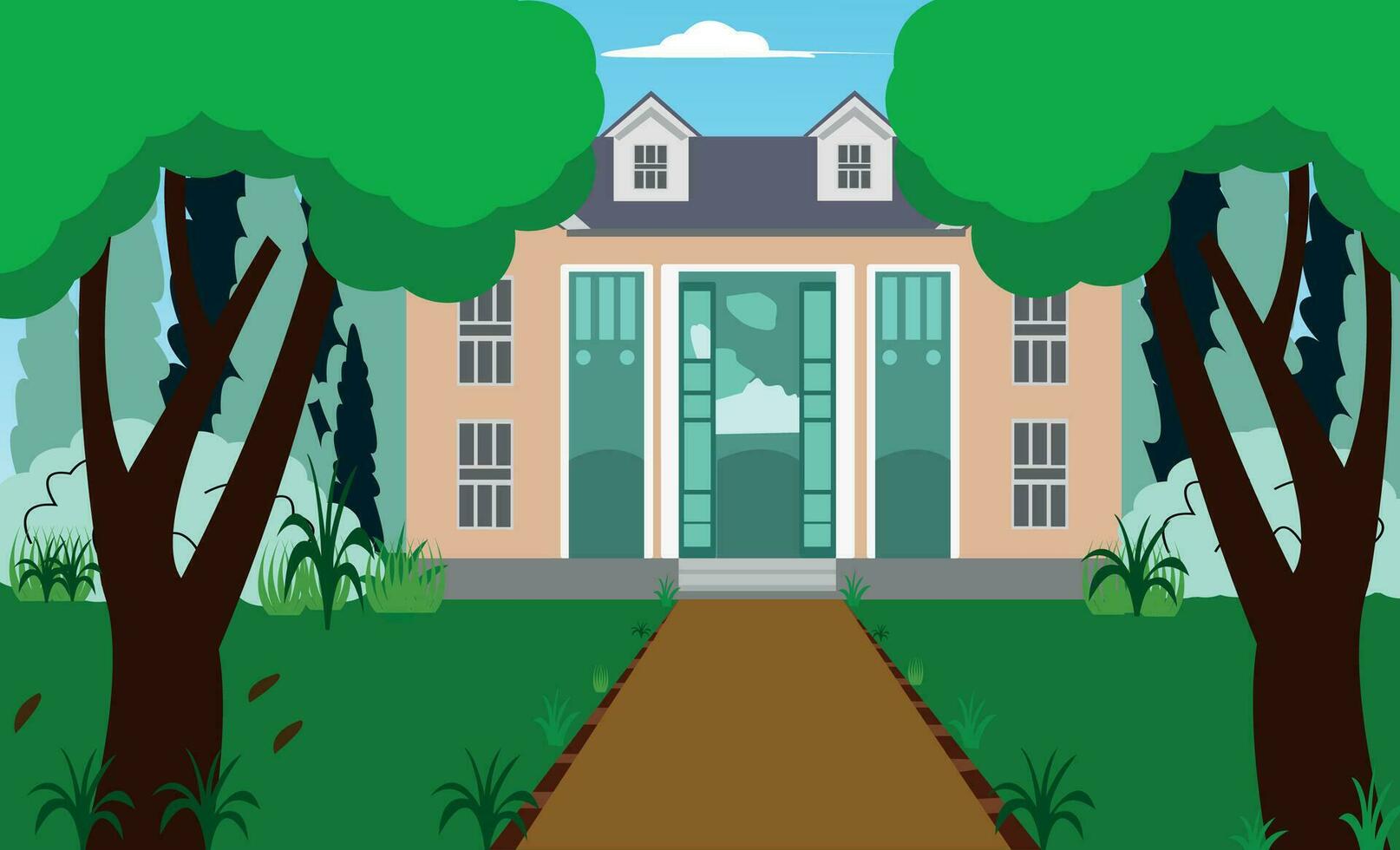 Cute house with door and windows. Village cottages among trees. Living house or cottage, vector illustration.  Modern town residence or dwelling, real estate.