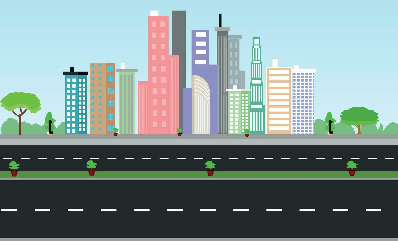 plano vector dibujos animados estilo ilustración urbano paisaje con dos línea la carretera horizonte ciudad oficina edificios, familia casas en pequeño pueblo y azul cielo con verde arboles en antecedentes.