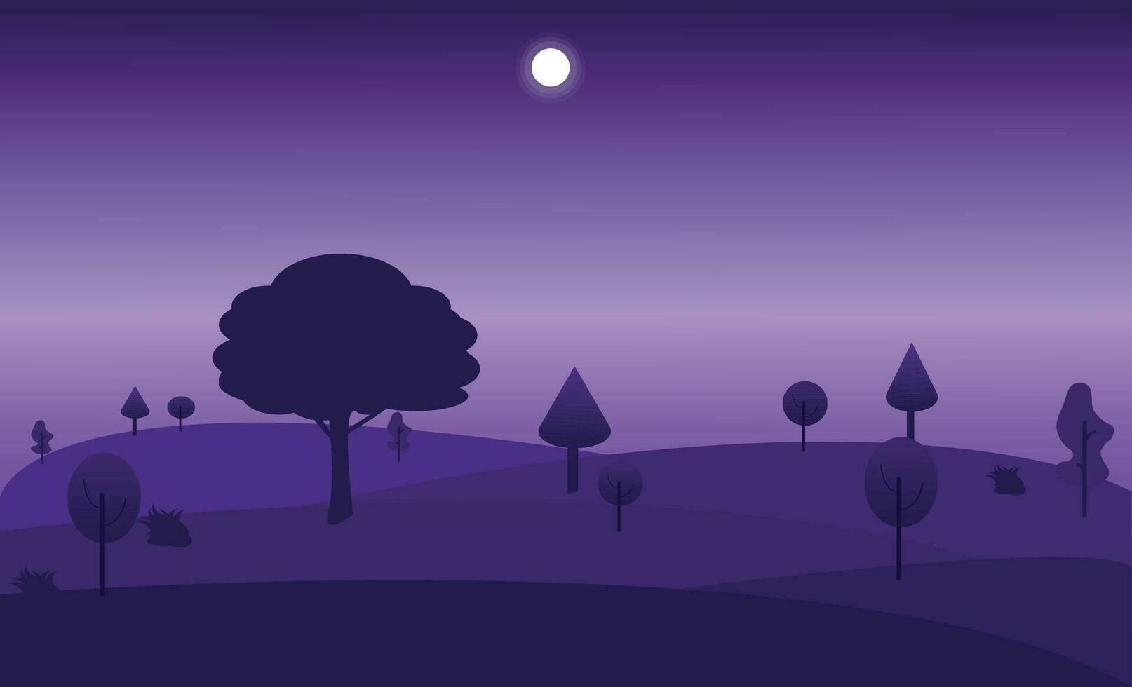 Vector illustration background Hill landscape with pines and cypresses. Night scenery with moon in dark blue sky.
