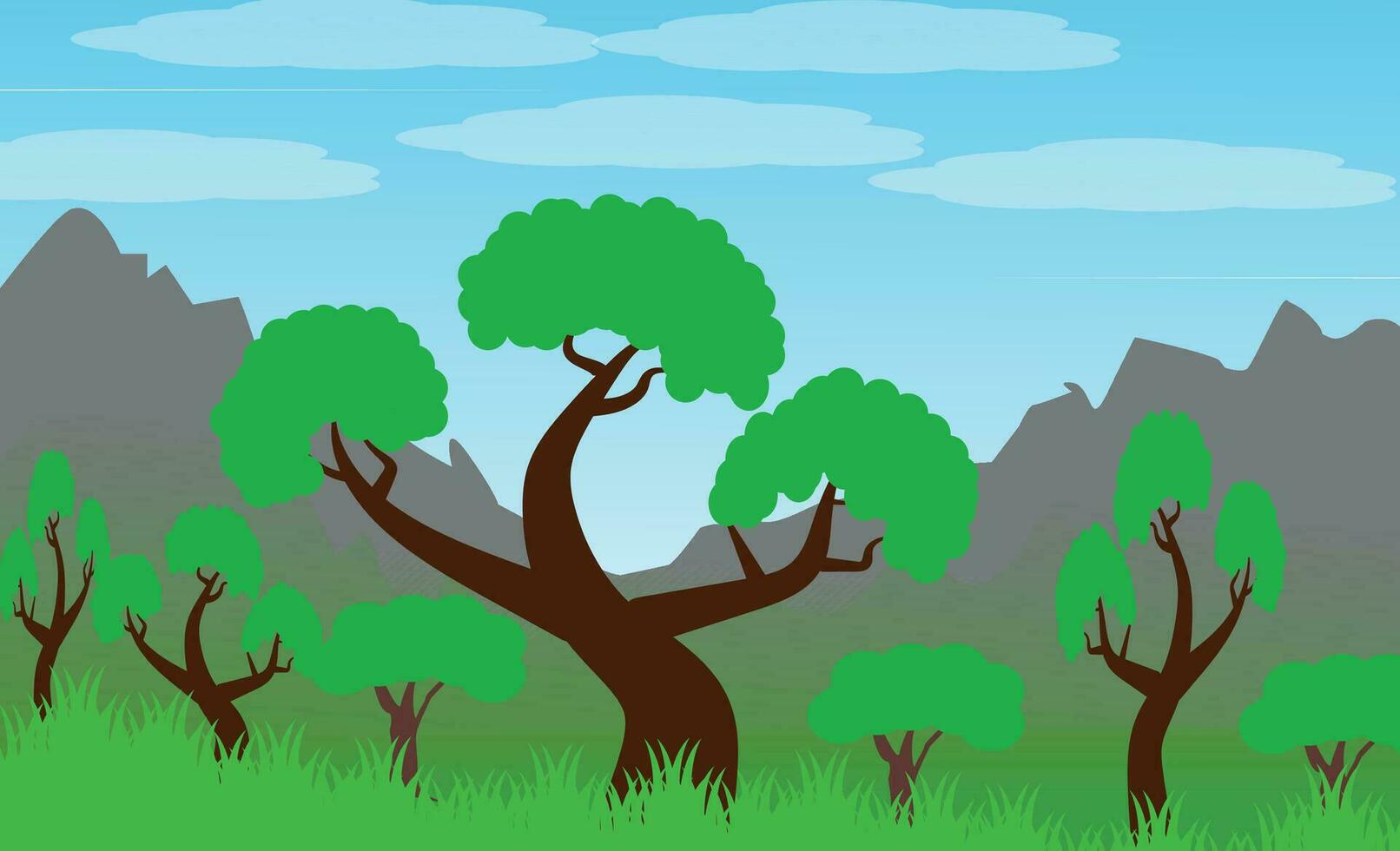 vector paisaje con campos y sierras, vistoso arboles verde césped azul cielo.