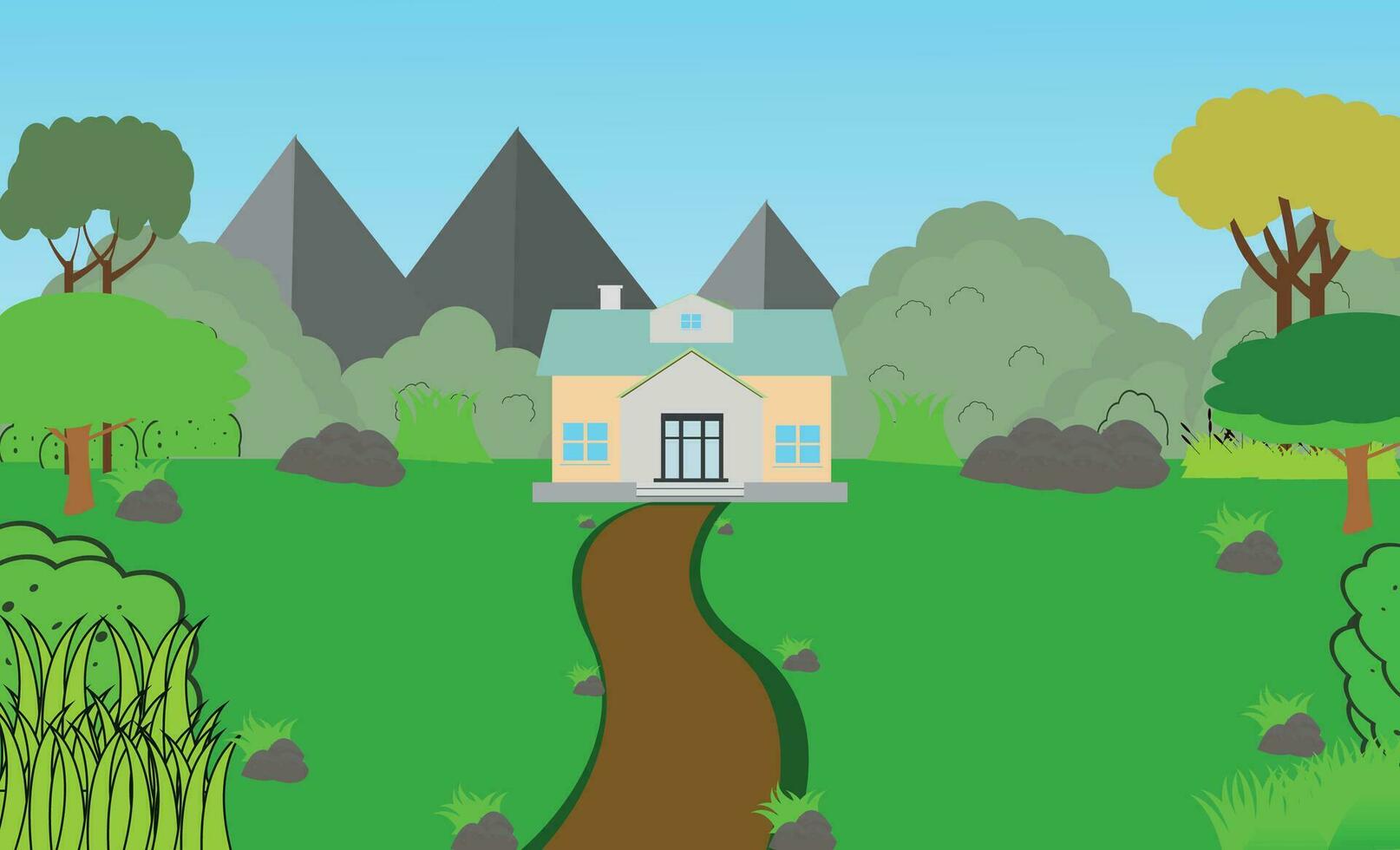 Vector village Background Illustration. Rural mountain landscape and village vector illustration. A beautiful village with farmlands, trees, meadows and with mountains in the background.
