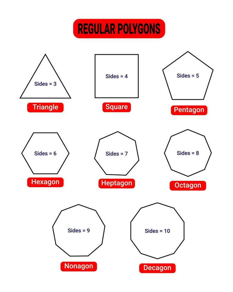 Regular polygons mathematical or geometrical flat shapes in illustration for students. vector