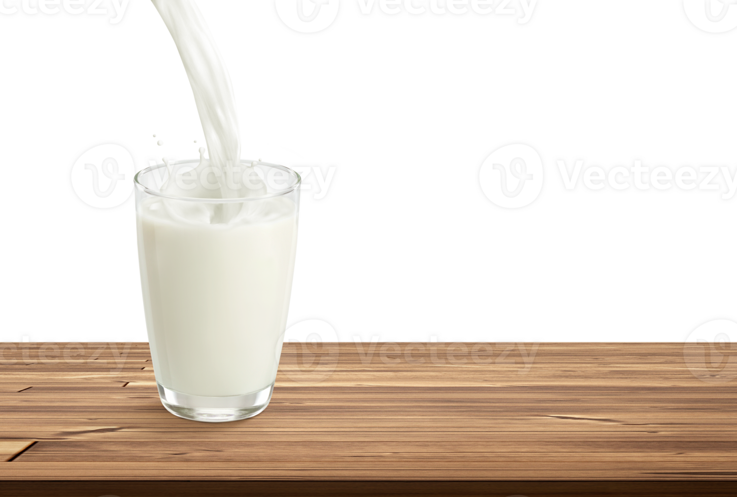 Pour milk into glass on wooden table isolated PNG transparent