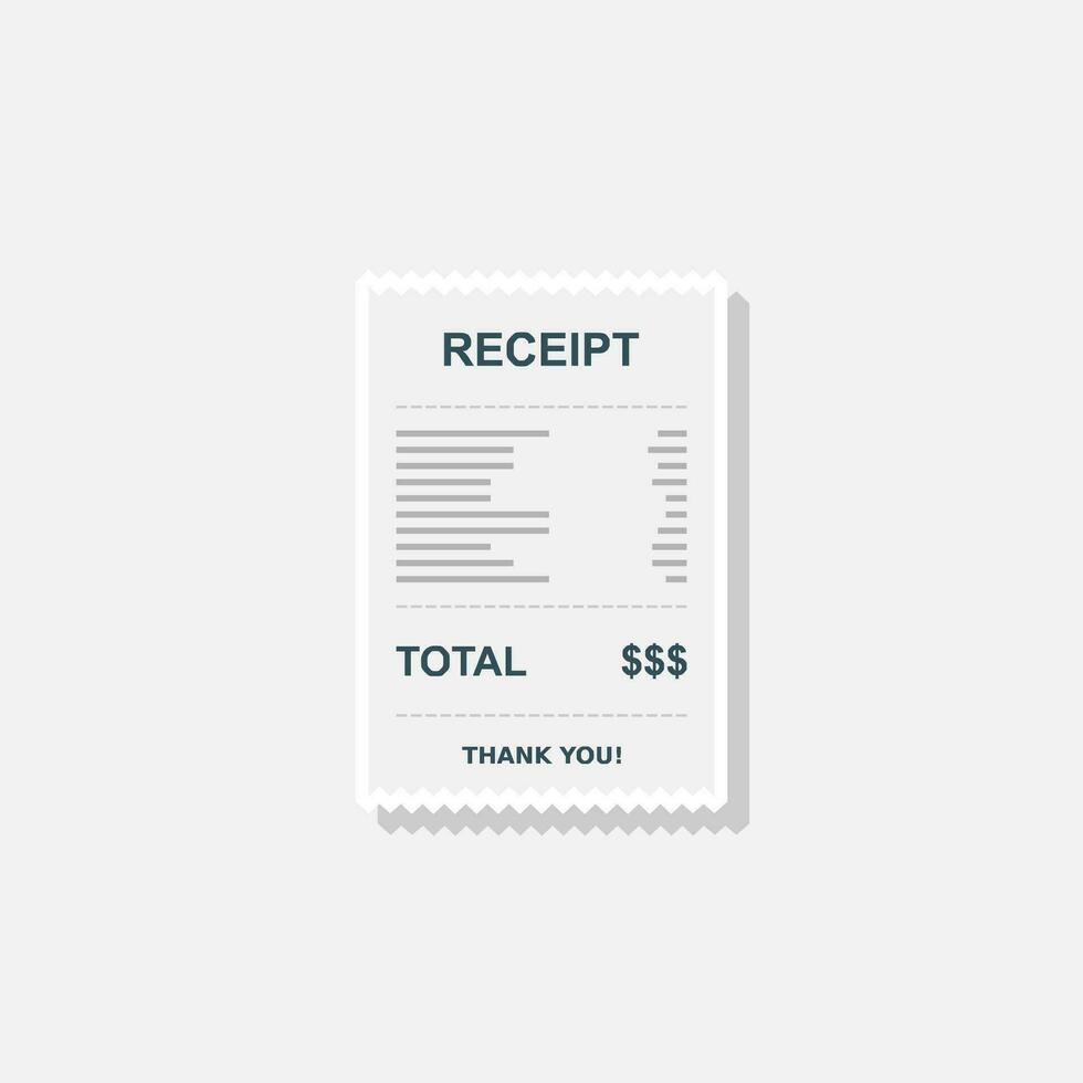 Receipt paper, bill check, invoice, cash receipt. White stroke and shadow design. Isolated icon. shop receipt or bill, atm check with tax or vat. vector