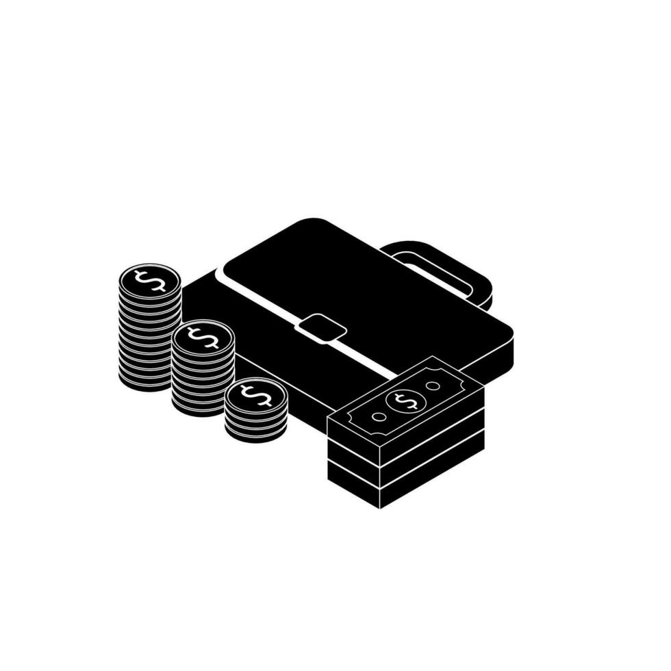 Briefcase, Dollar money cash icon, Gold coin stack left view White Outline icon vector isometric. Flat style vector illustration.