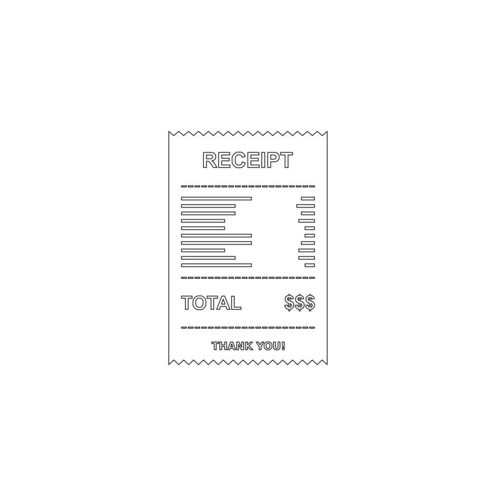 Receipt paper, bill check, invoice, cash receipt. Black outline design. Isolated icon. shop receipt or bill, atm check with tax or vat. vector