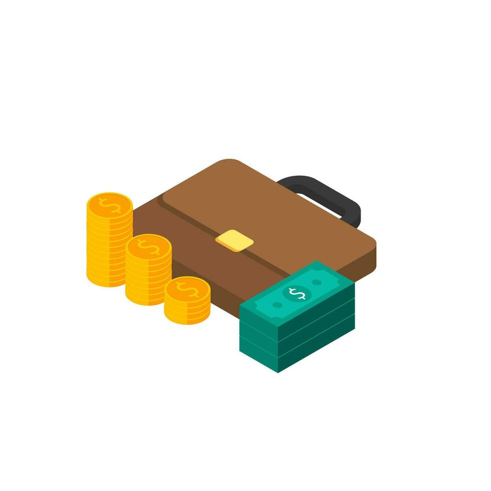 Briefcase, Dollar money cash icon, Gold coin stack left view White Background icon vector isometric. Flat style vector illustration.