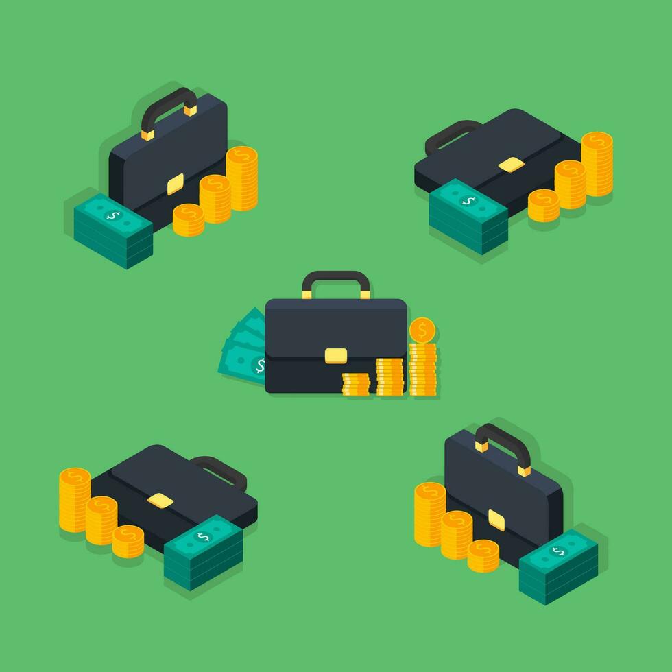 Briefcase, Dollar money cash icon, Gold coin stack Isometric and Flat icon vector. Flat style vector illustration.