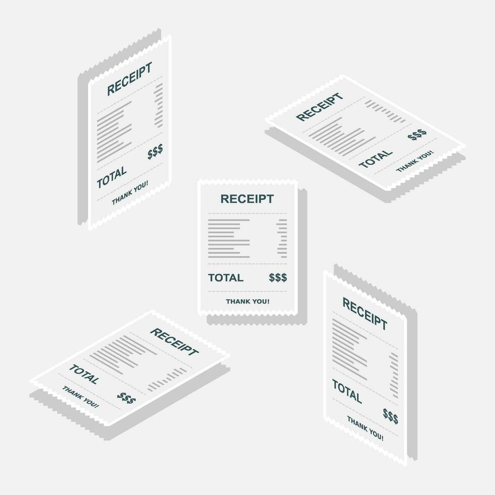 Receipt paper, bill check, invoice, cash receipt. White stroke and shadow design. Isometric and Flat icon. shop receipt or bill, atm check with tax or vat. vector