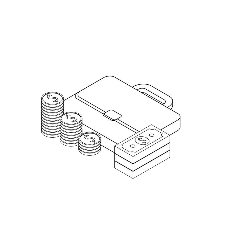 Briefcase, Dollar money cash icon, Gold coin stack left view Black Outline icon vector isometric. Flat style vector illustration.