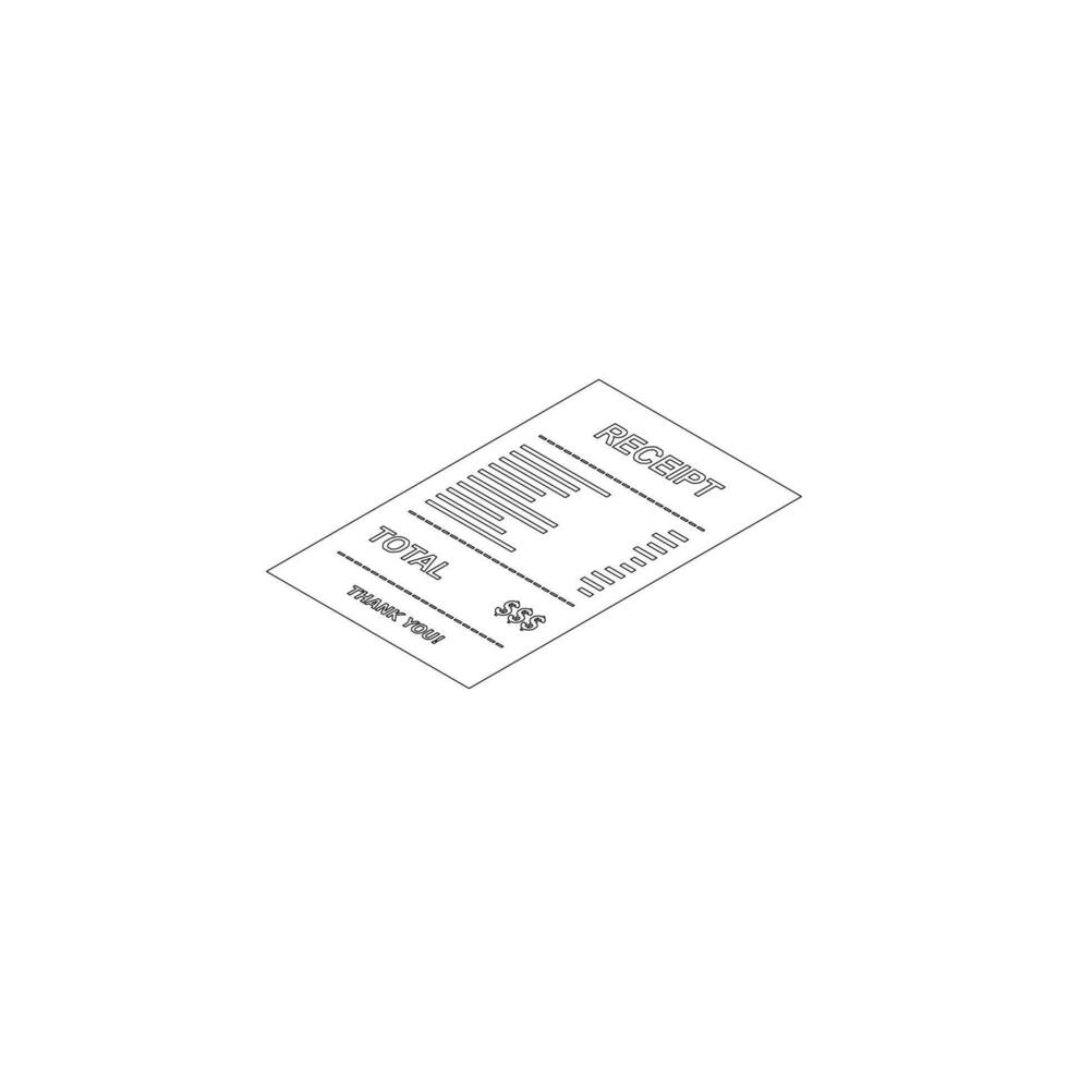 Receipt paper, bill check, invoice, cash receipt. Black outline. Left view isometric icon. shop receipt or bill, atm check with tax or vat. vector