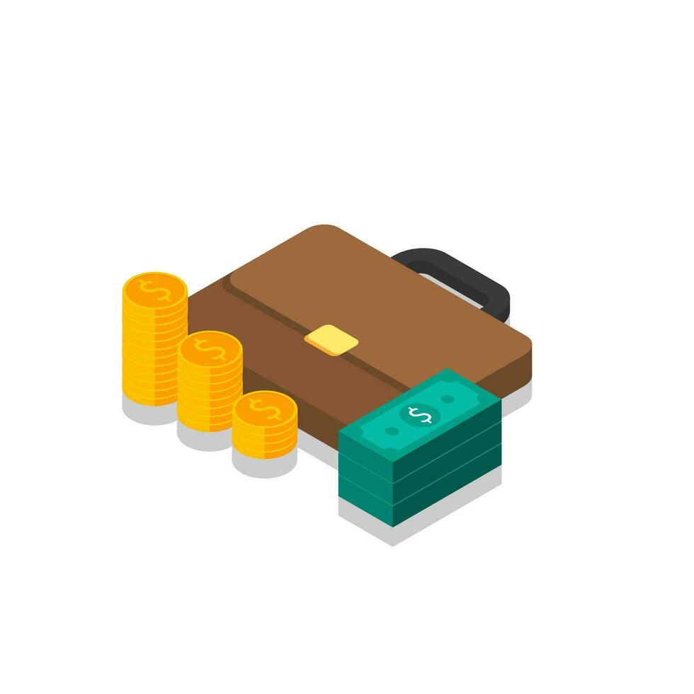 Briefcase, Dollar money cash icon, Gold coin stack left view Shadow icon vector isometric. Flat style vector illustration.