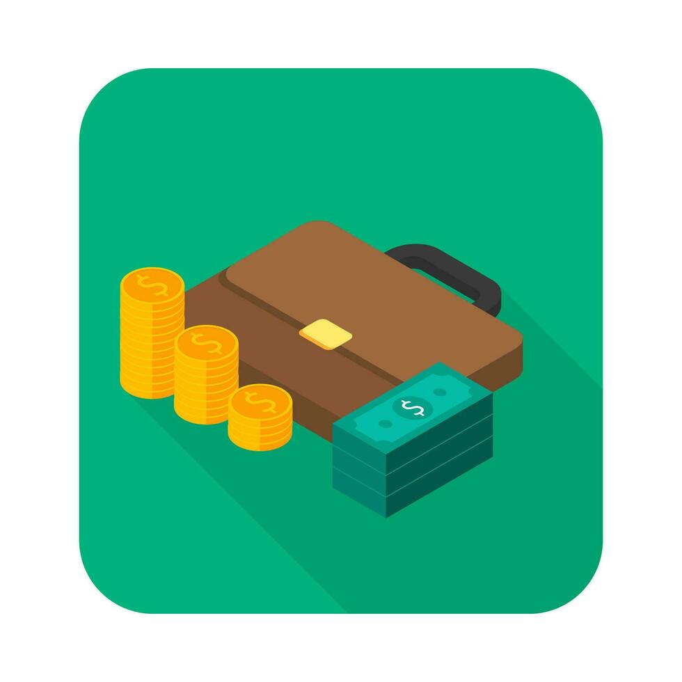 Briefcase, Dollar money cash icon, Gold coin stack left view icon vector isometric. Flat style vector illustration.