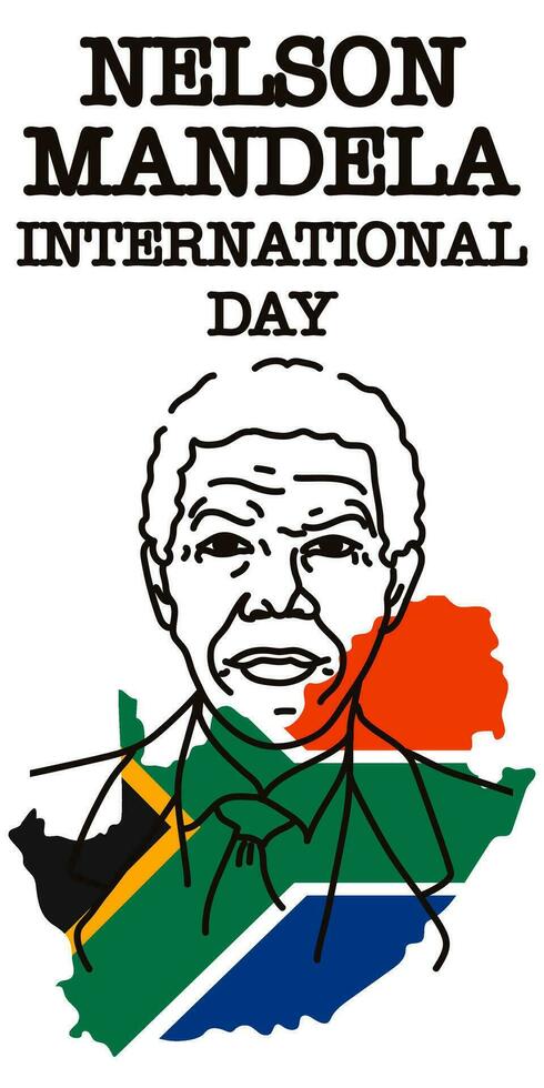 Nelson Mandela International Day. Stock vector illustration. Contour portrait of a serious man against the background of the flag and the outline of South Africa. Rights, strength, victory, equality