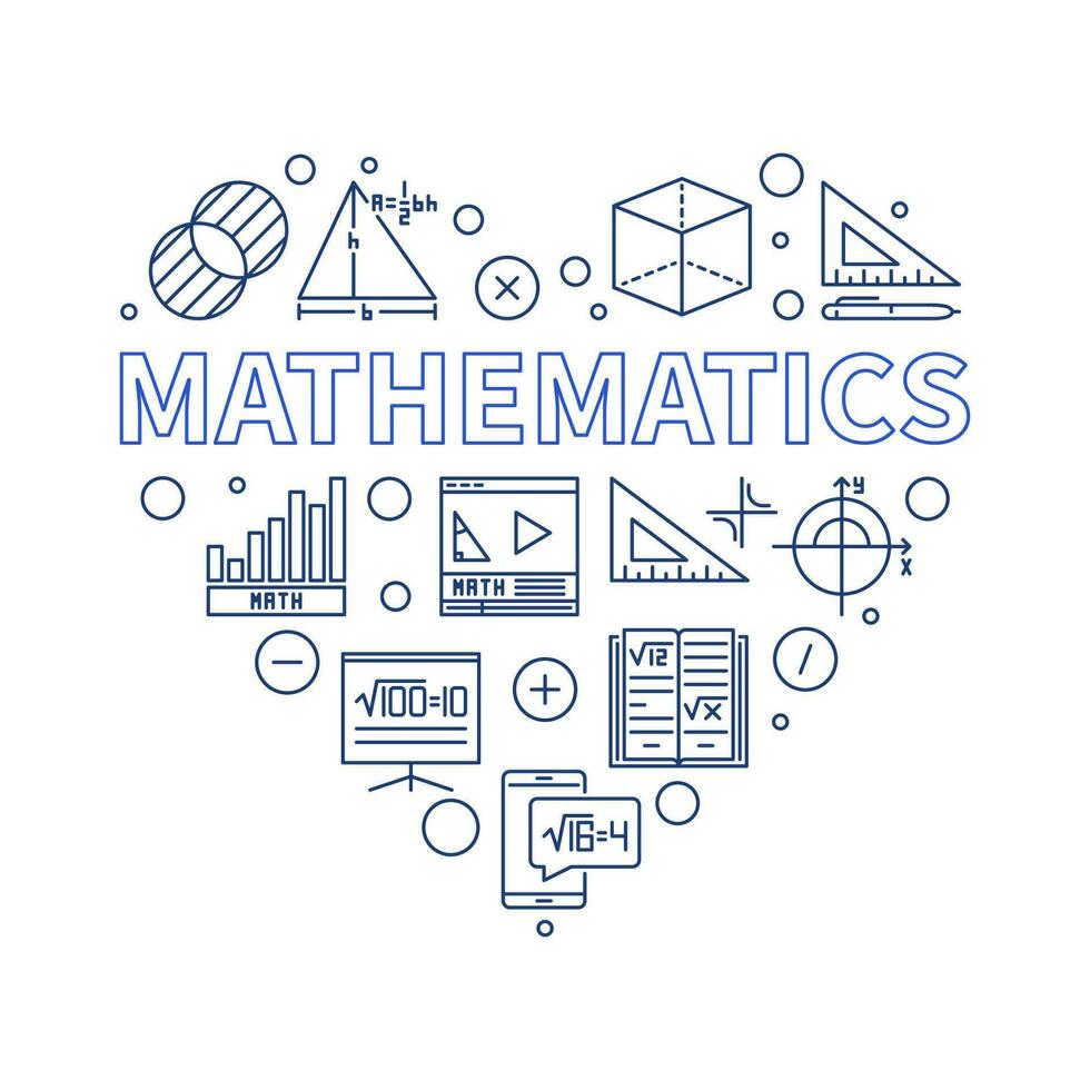 Mathematics vector outline minimal heart-shaped banner. Math Science line illustration