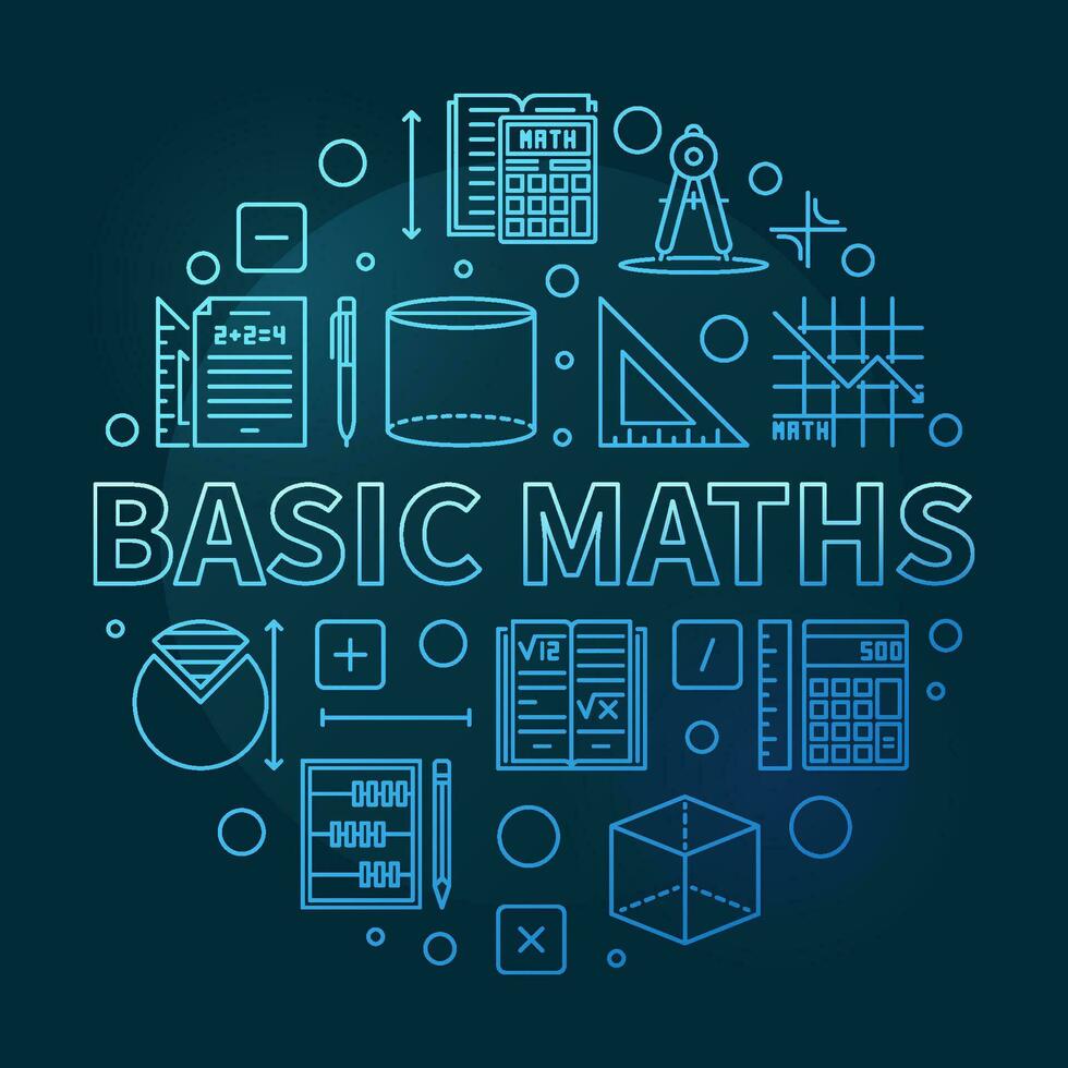 Basic Maths concept vector thin line circular blue banner. Math illustration