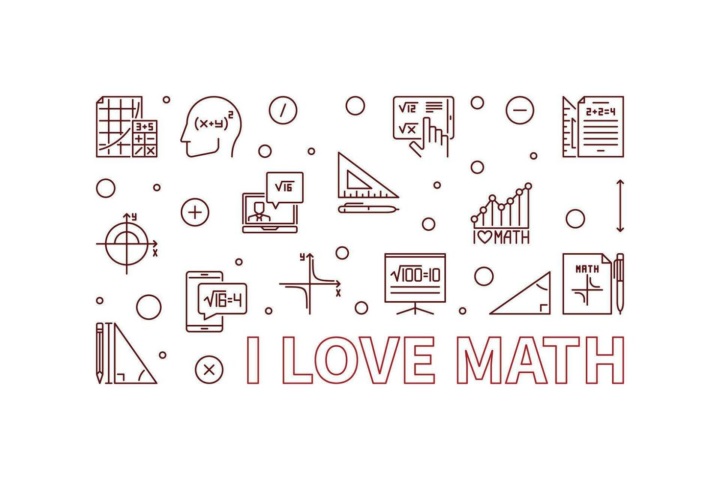 I Love Math concept vector line horizontal banner - Mathematics illustration