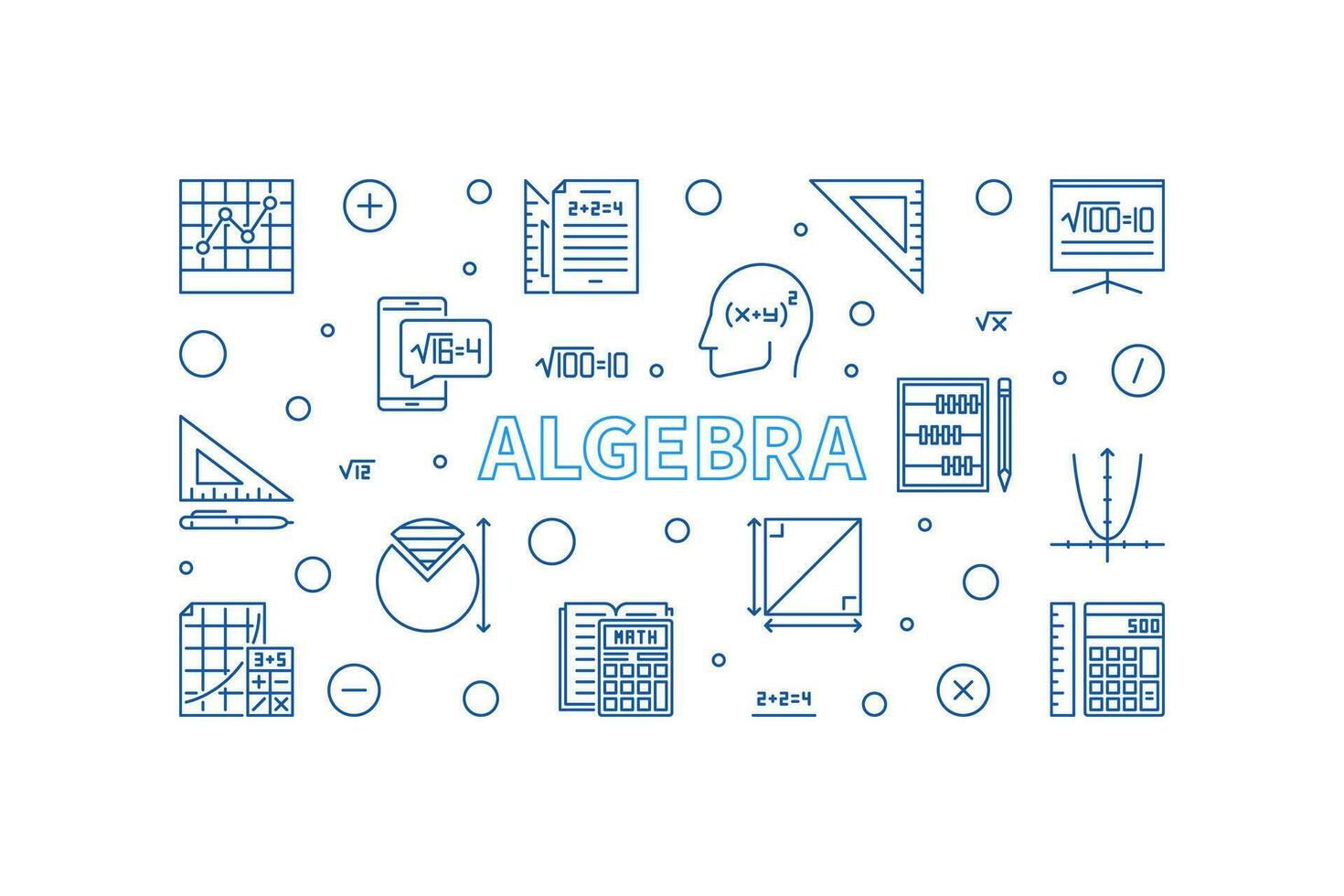 Algebra concept outline horizontal blue banner - vector illustration