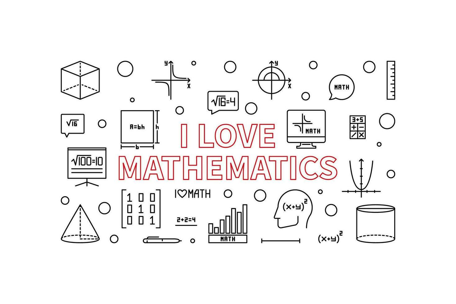 I Love Mathematics vector line horizontal banner - Math concept illustration