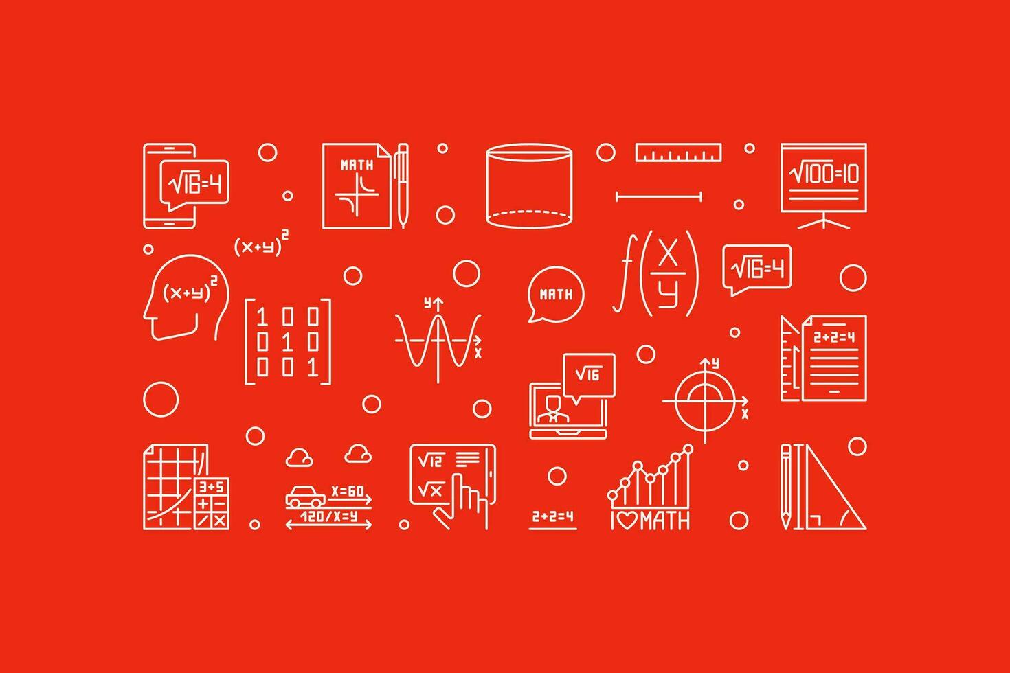 I Love Mathematics vector outline red horizontal banner - Math concept line illustration
