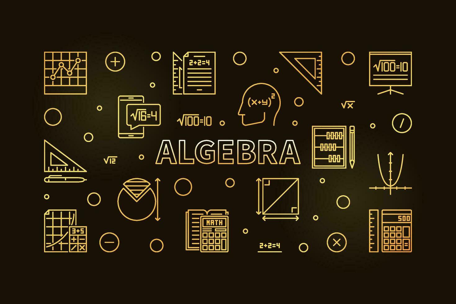 Algebra concept thin line golden horizontal banner. Vector illustration