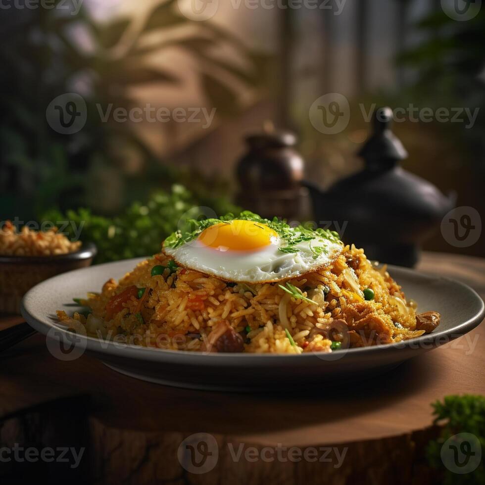 stock photo of landscape fried rice with omelettete Cinematic Editorial food photography