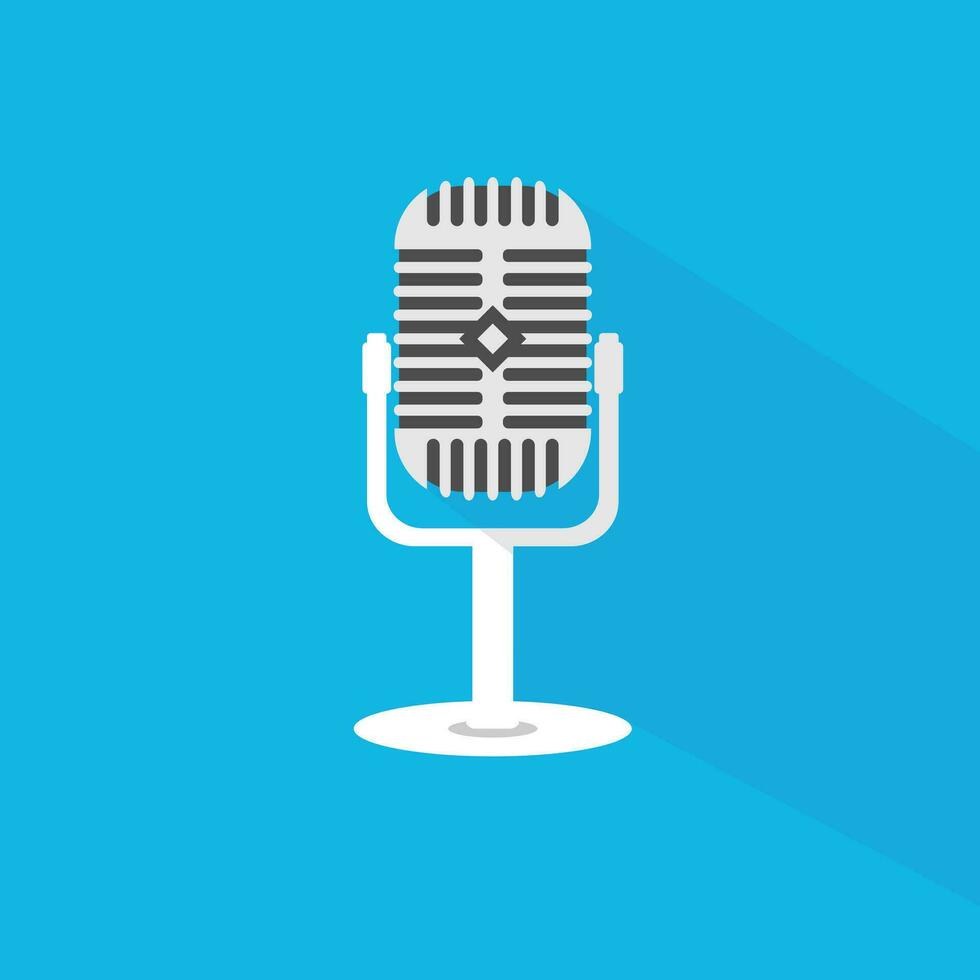 Old microphone icon with long shadow. Flat design style. Microphone simple silhouette. Modern, minimalist icon in stylish colors. Web site page and mobile app design element. vector