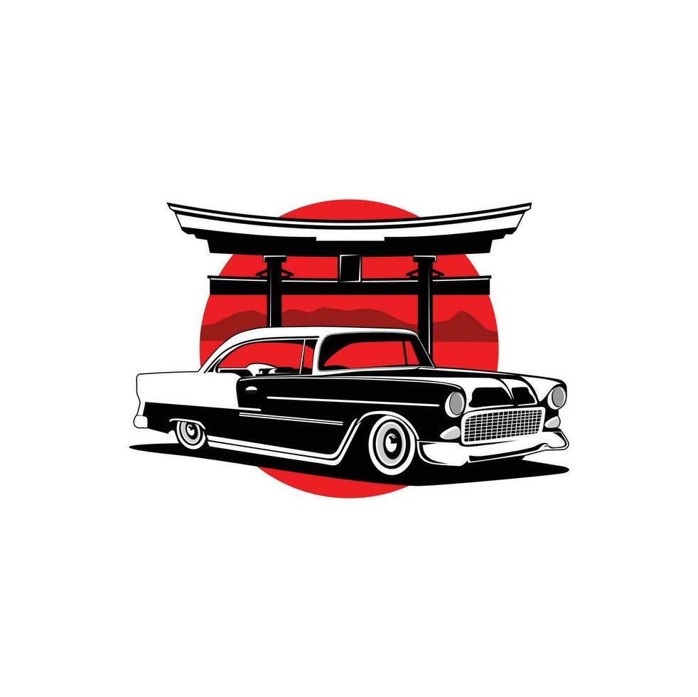 clásico coche con torii japonés ilustración vector