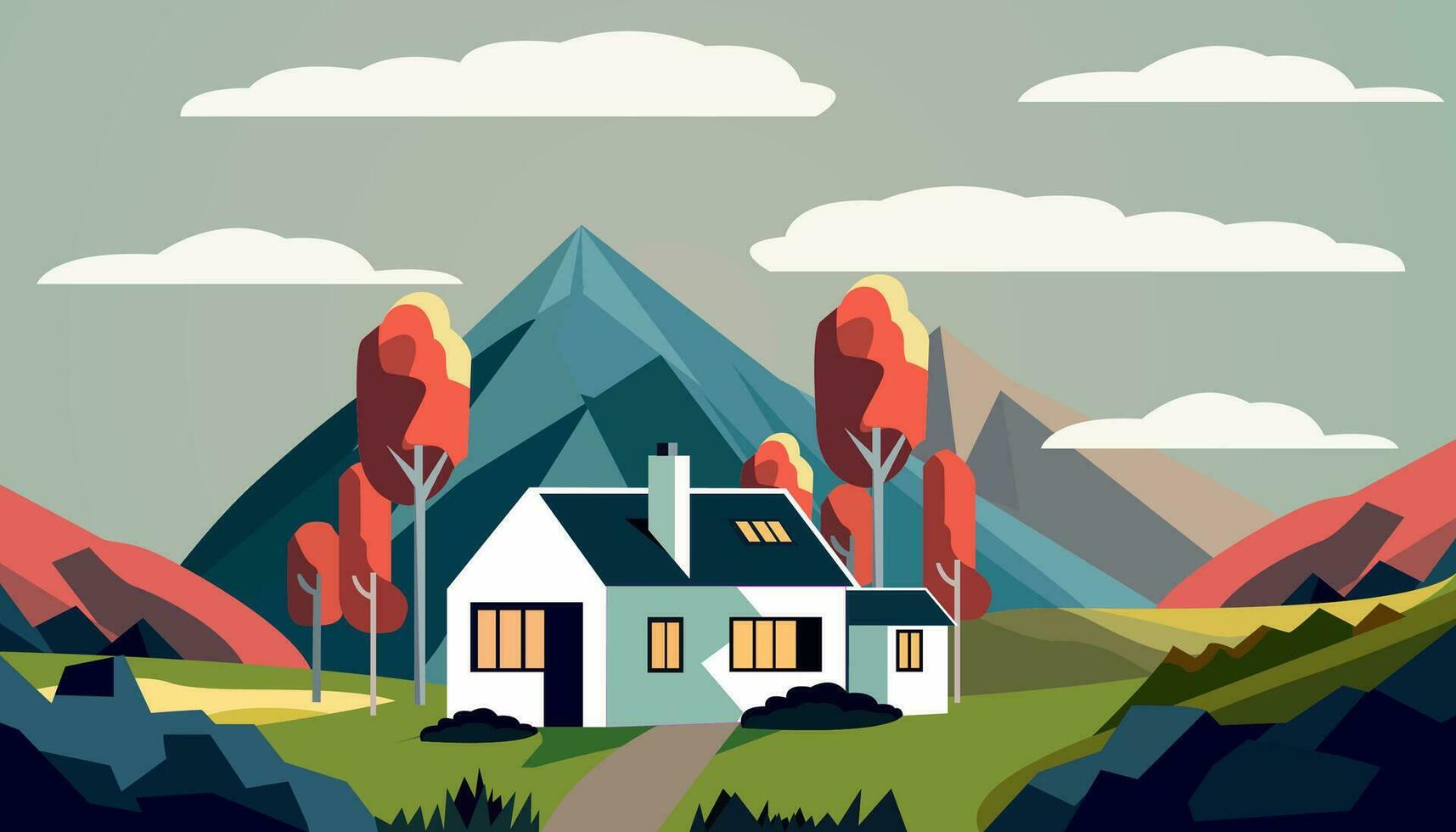 Mountain landscape nature with houese flat illustration vector