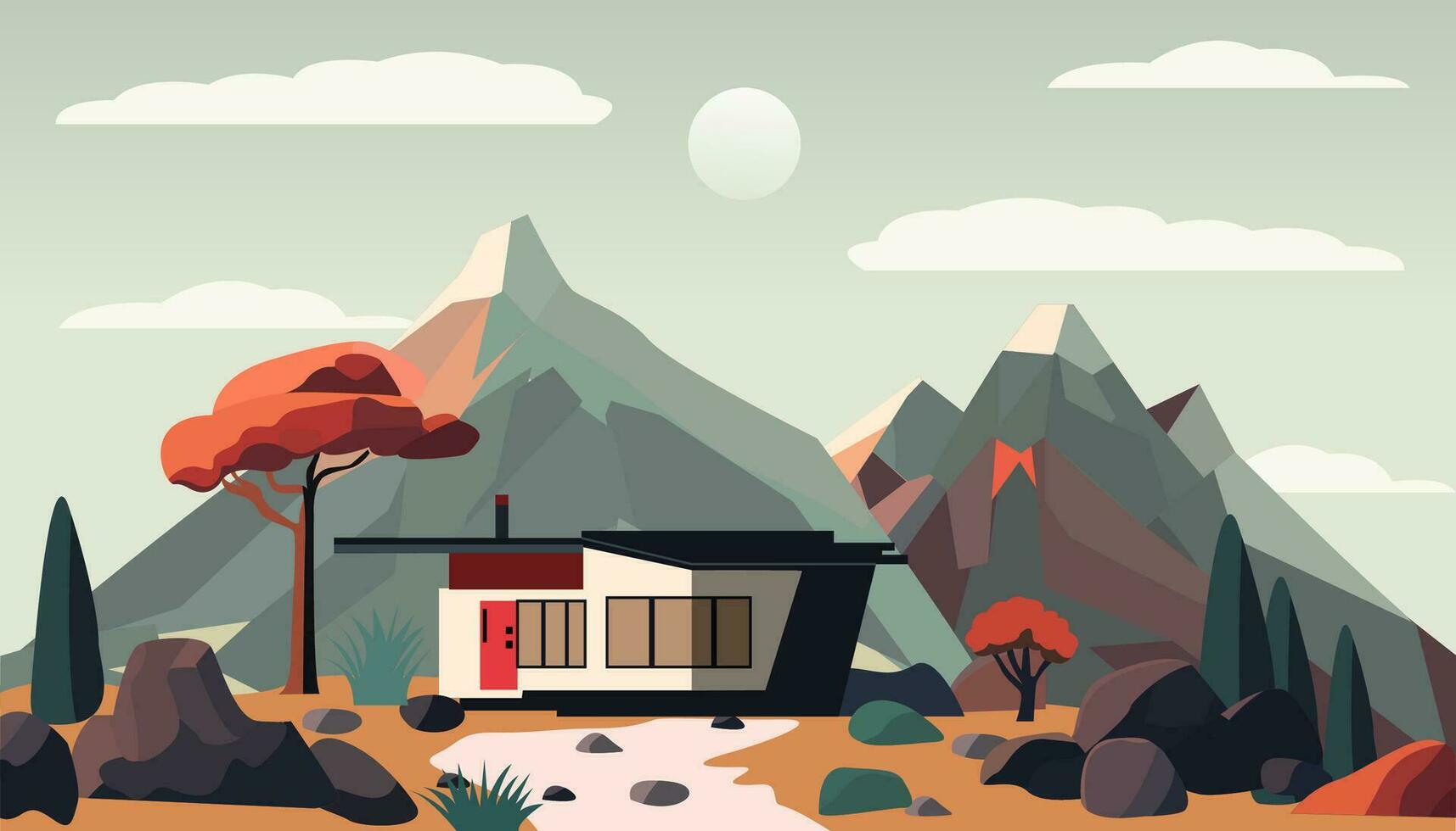 montaña paisaje naturaleza con casa plano ilustración vector